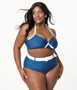 Unique Vintage Plus Size Navy & White Pin Dot Halter Swim Top