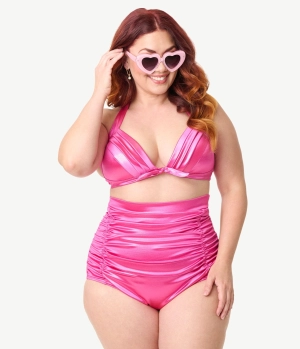 Unique Vintage Plus Size Pink Shimmer Monroe Halter Swim Top