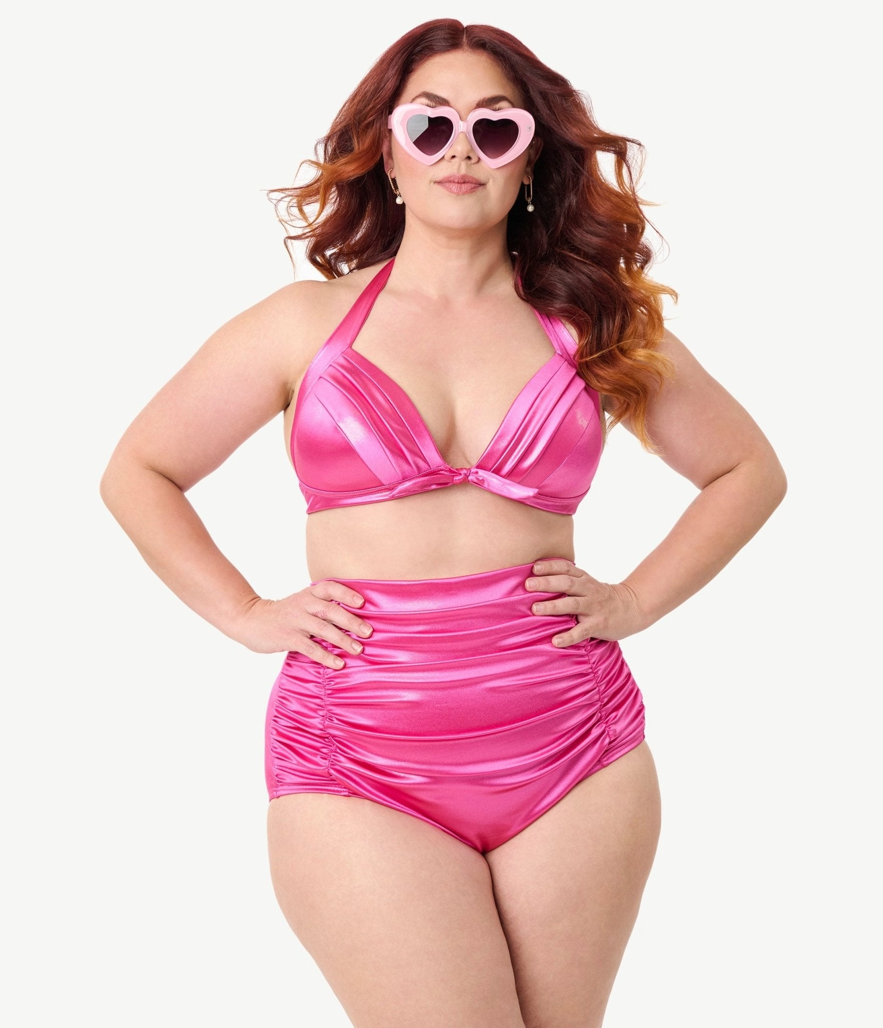 Unique Vintage Plus Size Pink Shimmer Monroe Halter Swim Top