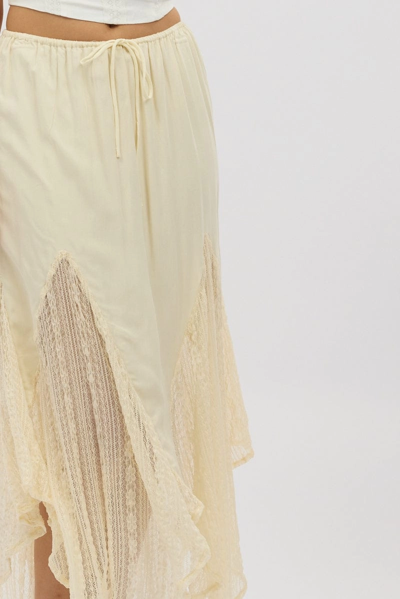 White Lace Elastic Waist Scarf Hem Maxi Skirt